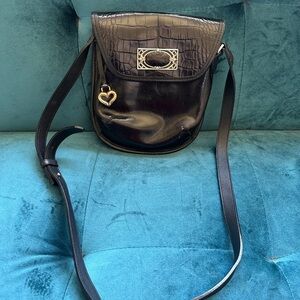 Black Leather Crossbody Bag with crocodile embossing